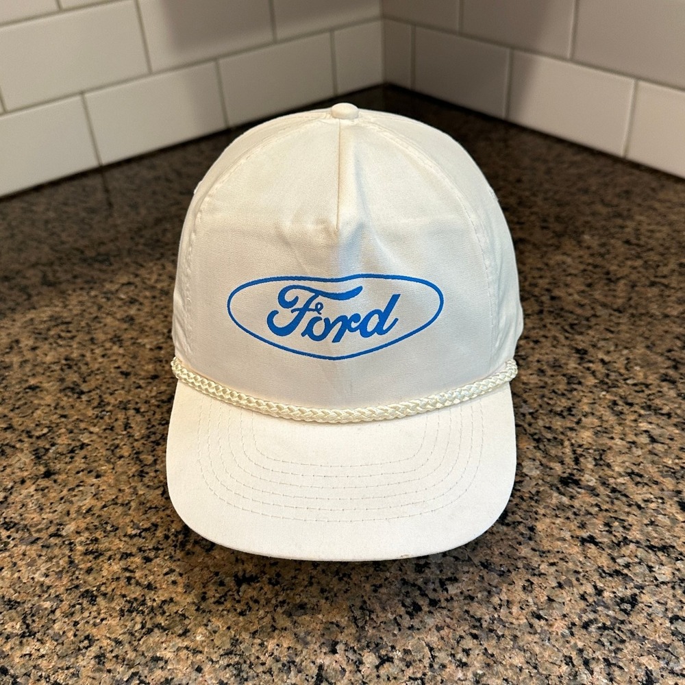 Vtg 90s Ford KC Rope Hat Cream Snapback Auto Car Dealership Cap